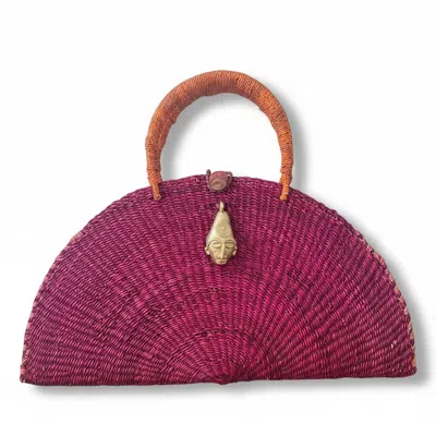 Sokona Women's Pink Kusana Large Handwoven Bag – Deep Berry Red With Brass Mask Charm