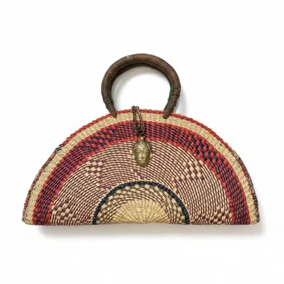 Sokona Women's Red / Neutrals Large Kusana Half-moon Handwoven Straw Bag With Brass