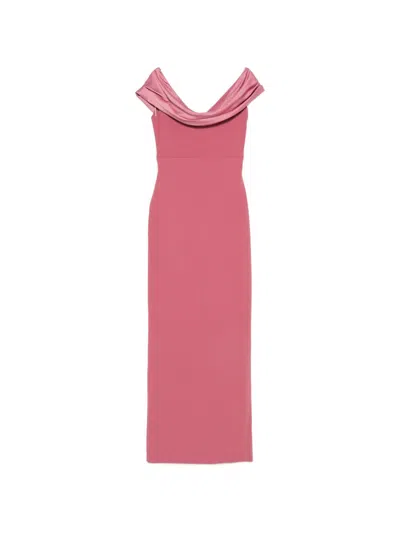 Solace London Adele Off-the-shoulder Draped Satin Long Evening Gown In Pink