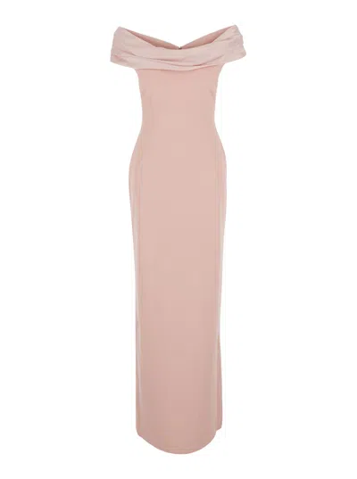 Solace London Adele Off-shoulder Long Dress With Draped Neckline In Tech Fabric In Pink