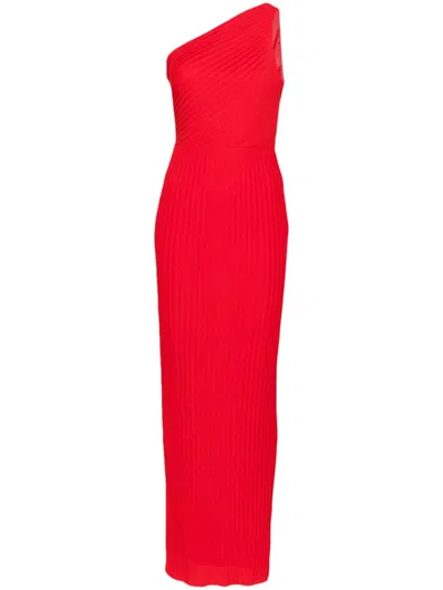 Solace London Adira Pleated Chiffon Long Dress In Red