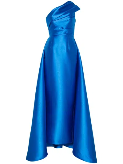 Solace London Alba One-shoulder Draped Satin-twill Gown In Blue