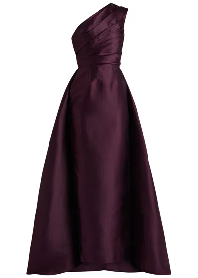 Solace London Alba One-shoulder Draped Satin Gown In Aubergine