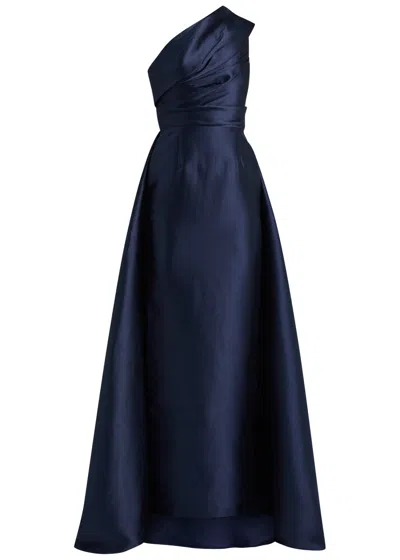 Solace London Alba One-shoulder Draped Satin Gown In Blue