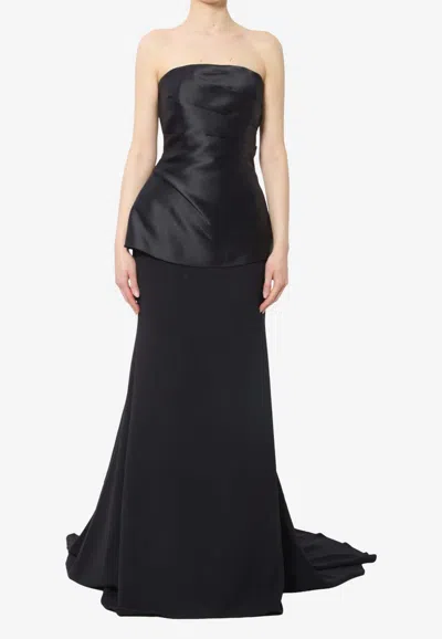 Solace London Alia Satin Crepe Strapless Gown In Black