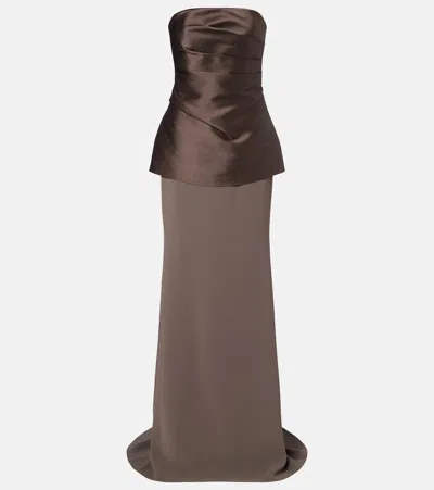 Solace London Alia Gathered Satin And Crepe Gown In Brown