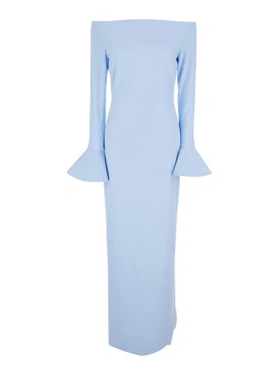 Solace London Anica Light Blue Off-shoulder Long Dress With Bell Long Sleeves In Tech Fabric Stretch Woman