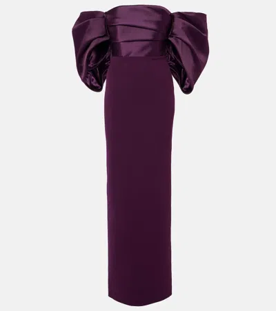 Solace London Arla Off-shoulder Twill And Crêpe Gown In Burgundy
