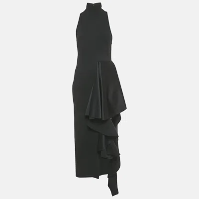 Pre-owned Solace London Black Stretch Crepe And Satin Ruffled Lara Dress M
