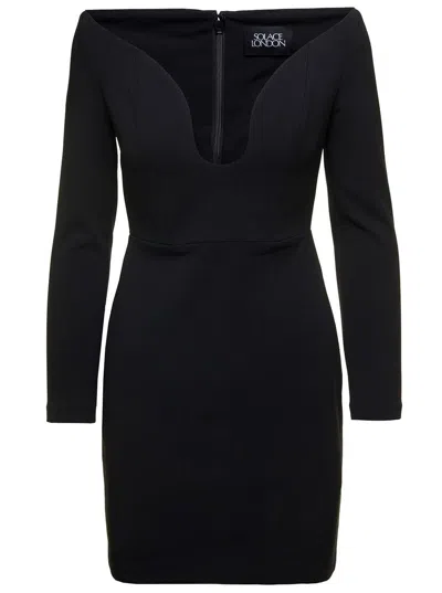 SOLACE LONDON BLACK ' UMA' MINI DRESS WITH LONG SLEEVES AND U-NECK IN POLYESTER WOMAN