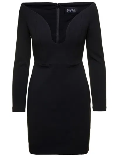 Solace London Black Uma Mini Dress With Long Sleeves And U-neck In Polyester Woman