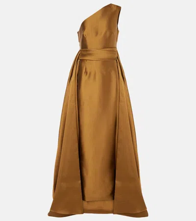 Solace London Charo One-shoulder Twill Gown In Gold