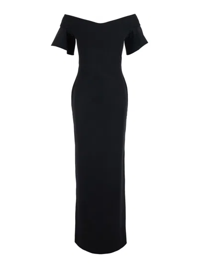 Solace London Cielo Off-shoulder Long Dress With Hidden Back Zip In Tech Fabric In Black
