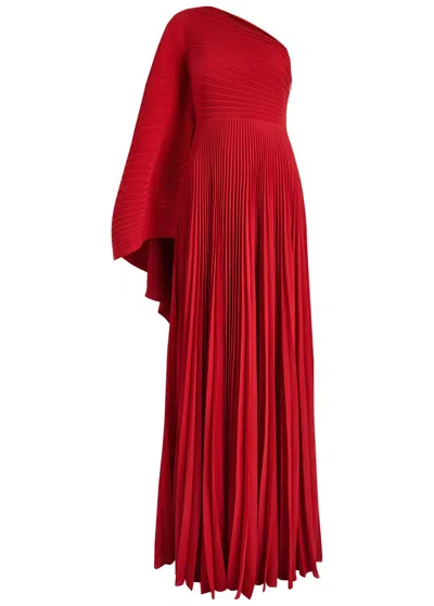Solace London Draped One-shoulder Plissé Gown In Red