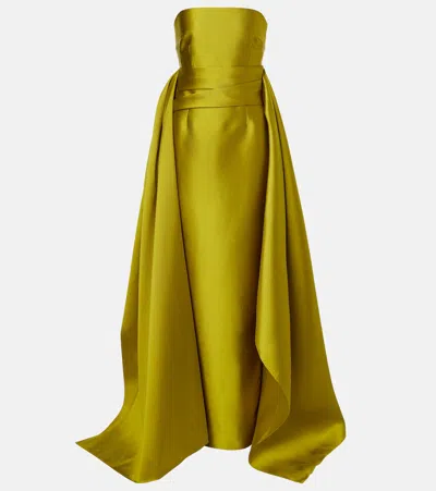 Solace London Draped Strapless Satin Gown In Green