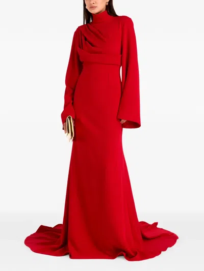 Solace London Draped-bodice Long-sleeve Maxi Dress In Red