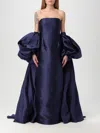 Solace London Lea Blue Long Dress With Rear Cape Insert And Train In Tech Fabric Stretch Woman In Navy