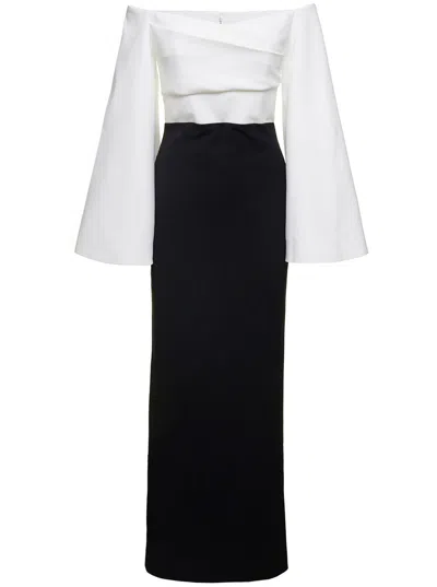 Solace London Eliana Off-shoulder Maxi Dress In Black And White Satin In White/black