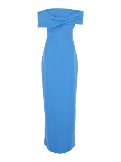 Solace London 'eva' Blue Off-shoulder Long Dress With Draped Detail