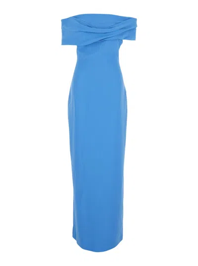 Solace London Eva Blue Off-shoulder Long Dress With Draped Detail In Tech Fabric Woman