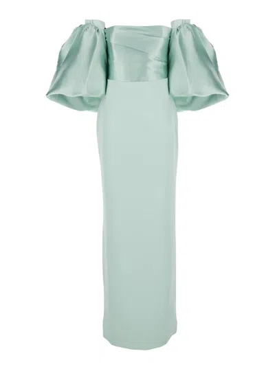 Solace London Floris Green Long Dress With Boat Neckline And Puffed Short Sleeves In Tech Fabric Woman