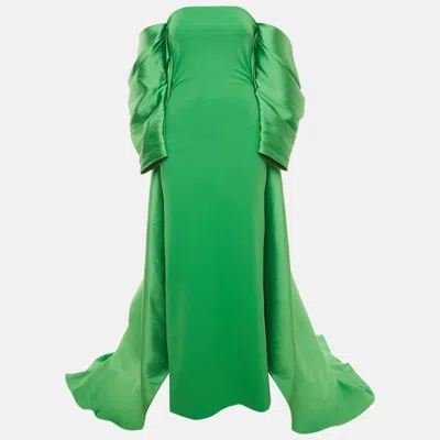 Pre-owned Solace London Green Crepe Off Shoulder Cape Detail Gown S