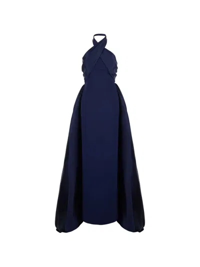 Solace London Halterneck Draped-panel Gown Maxi Dress In Blue