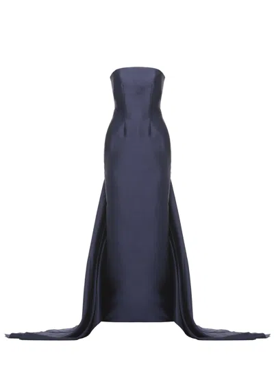 Solace London Imani Strapless Maxi Dress With Dramatic Rear Train In Blue