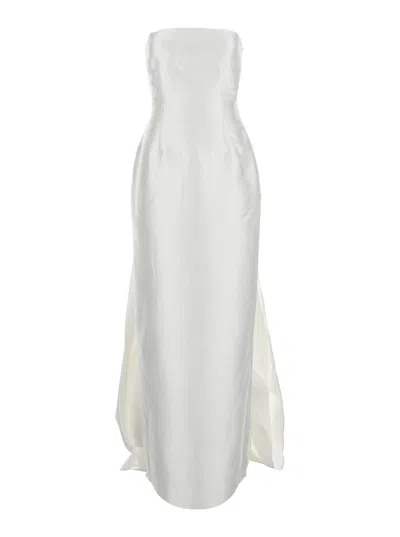 Solace London Imani White Long Dress With Off-the-shoulder Design And Double Layer In Fabric Woman