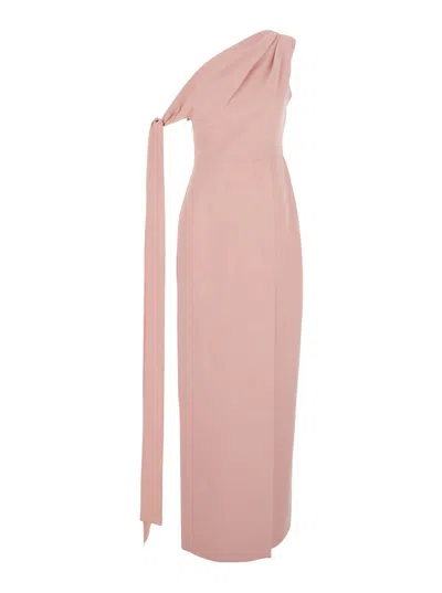 SOLACE LONDON 'IRINA' PINK ONE-SHOULDER LONG DRESS WITH DRAPED NECKLINE IN FABRIC WOMAN