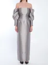 Solace London Laylah Grey Off-shoulder Long Dress With Rear Single Slit In Tech Fabric Woman In Silver