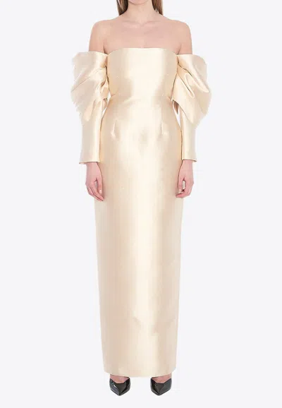 Solace London Laylah Off-shoulder Maxi Dress In Beige