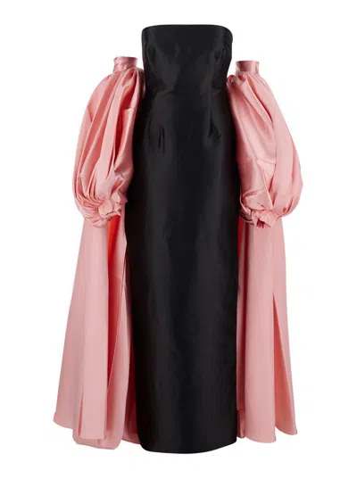 Solace London 'lea' Black Long Dress With Rear Cape Insert And Train In Tech Fabric Stretch Woman