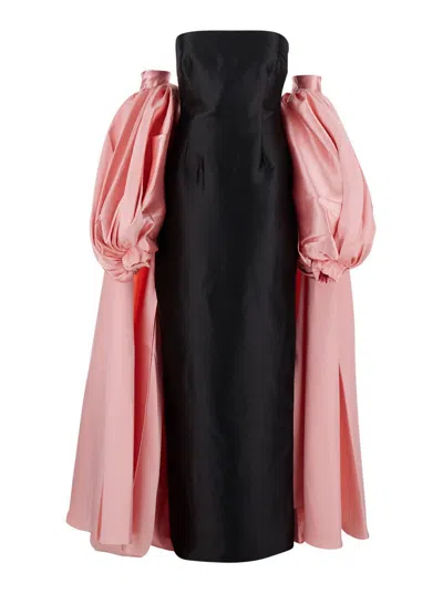SOLACE LONDON 'LEA' BLACK LONG DRESS WITH REAR CAPE INSERT AND TRAIN