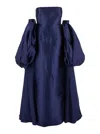 Solace London Lea Blue Long Dress With Rear Cape Insert And Train In Tech Fabric Stretch Woman In Blue