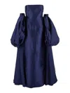 Solace London Lea Blue Long Dress With Rear Cape Insert And Train In Tech Fabric Stretch Woman In Blue