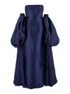 Solace London Lea Blue Long Dress With Rear Cape Insert And Train In Tech Fabric Stretch Woman