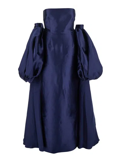 Solace London Lea Blue Long Dress With Rear Cape Insert And Train In Tech Fabric Stretch Woman