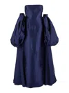 Solace London Lea Blue Long Dress With Rear Cape Insert And Train In Tech Fabric Stretch Woman In Multicolor
