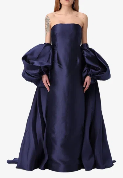 Solace London Lea Puff-sleeved Cape Gown In Blue