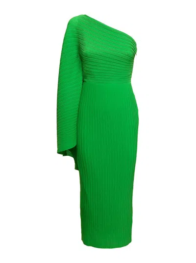 SOLACE LONDON 'LENNA' MIDI GREEN ONE-SHOULDER DRESS IN PLEATED FABRIC WOMAN