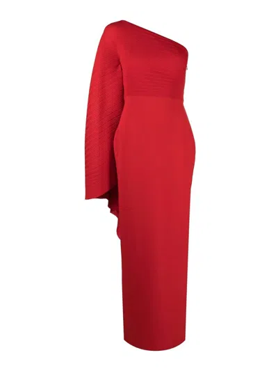 Solace London Lillia One-shoulder Draped Plissé-chiffon And Stretch-crepe Gown In Red