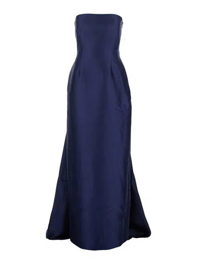 Solace London Long Off-shoulder Double-layer Tech Fabric Dress With Vent In Blue