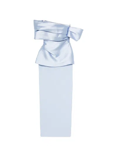 Solace London Lucine Off Shoulder Satin Maxi Gown In Blue