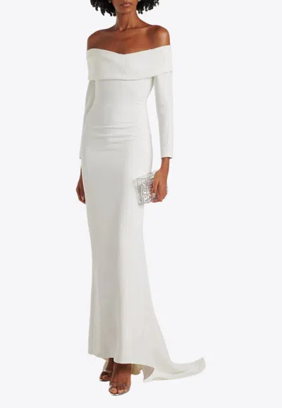 Solace London Lyla Off-shoulder Crepe Gown In Cream