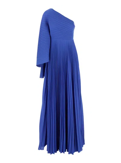 Solace London Maci Blue One-shoulder Long Dress With Pleated Effect In Tech Fabric Woman