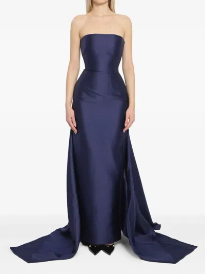 Solace London Imani Strapless Maxi Dress With Dramatic Rear Train In Blue