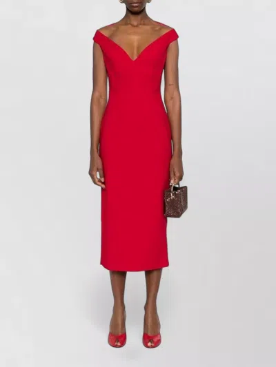 Solace London Midi Dress Off Shoulder V Neckline In Red