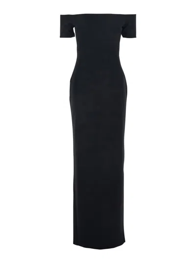 Solace London Nile Black Long Dress With Off-the-shoulder Design And Back Slit In Fabric Woman
