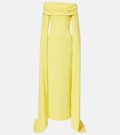 Solace London Nuri Caped Off-shoulder Crepe Gown In Yellow